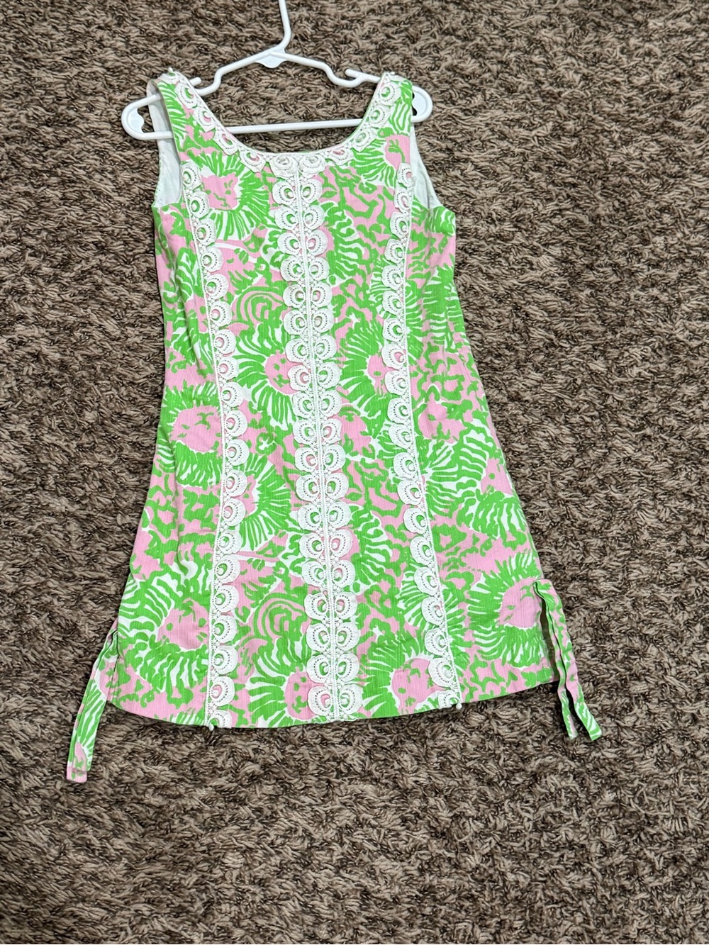 Sleeveless Pink & Lime Floral Shift Dress with Lace Trim